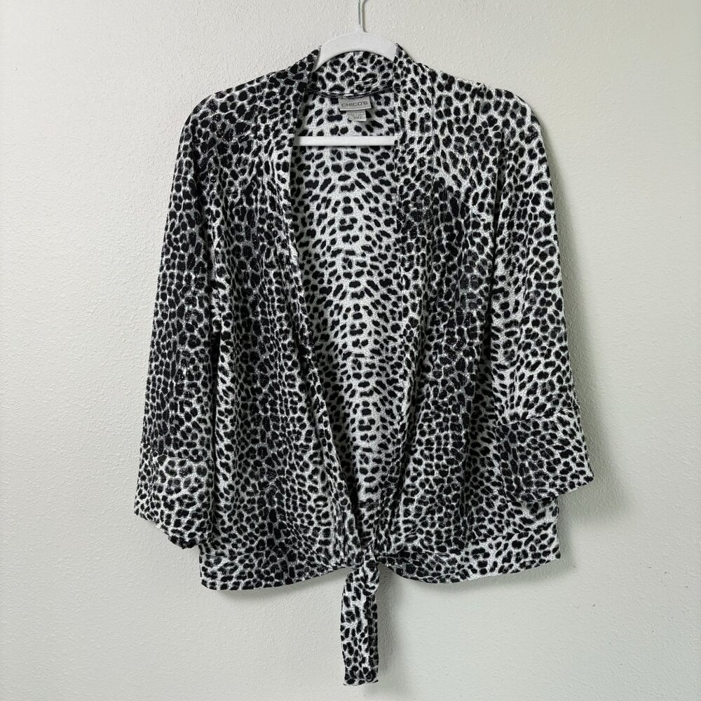 Chicos Tie Waist Open Front Cardigan Size 3 US XL Black Gray Animal Print